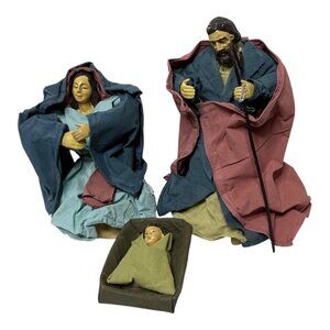 Vintage Nativity Scene Christmas Creche Fabric Mache Lillian Vernon 3 Piece Set